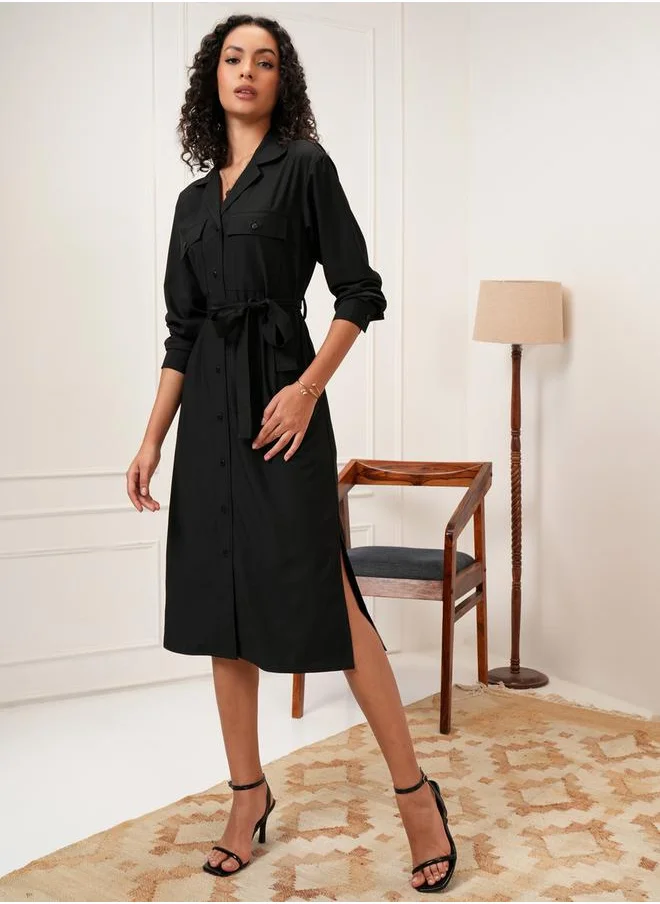 Tokyo Talkies Solid Shirt Midi Dress with Waist Tie Detail