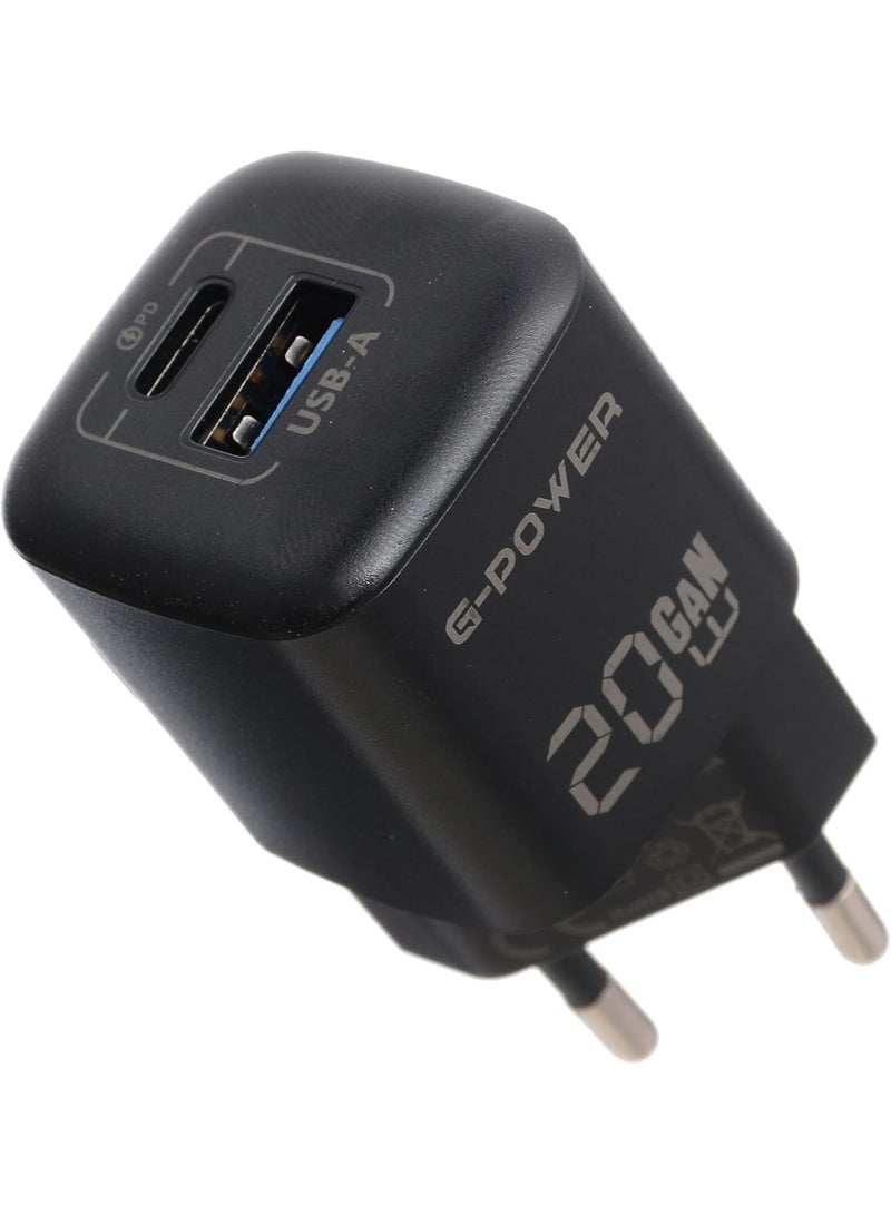 جي باور شاحن G-Power GP-C2 بقوة 20 واط بمنفذي USB (USB-A و USB-C) يدعم تقنية الشحن السريع Qualcomm Quick Charge 3.0، متوافق مع أجهزة iPhone 14/14 Plus/14 Pro/14 Pro Max/13، و Galaxy، و Pixel 4/3، و iPad - أسود - Image 1