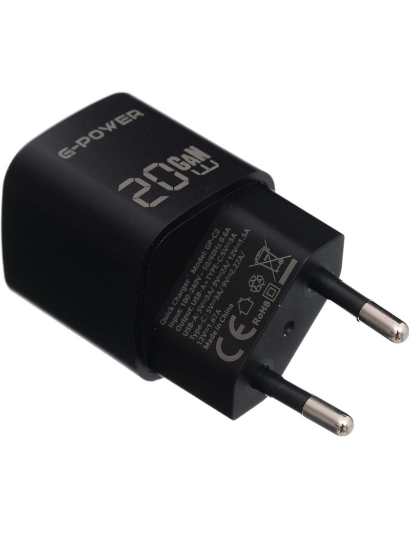 جي باور شاحن G-Power GP-C2 بقوة 20 واط بمنفذي USB (USB-A و USB-C) يدعم تقنية الشحن السريع Qualcomm Quick Charge 3.0، متوافق مع أجهزة iPhone 14/14 Plus/14 Pro/14 Pro Max/13، و Galaxy، و Pixel 4/3، و iPad - أسود - Image 2
