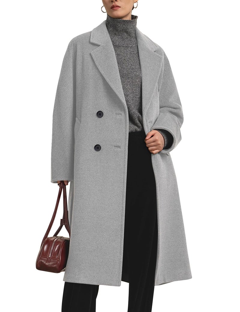 Flygo Womens Long Pea Coat Notch Lapel Double Breasted Trench Coat Fall Winter Overcoat Long Jacket(LightGrey-L) - Image 1
