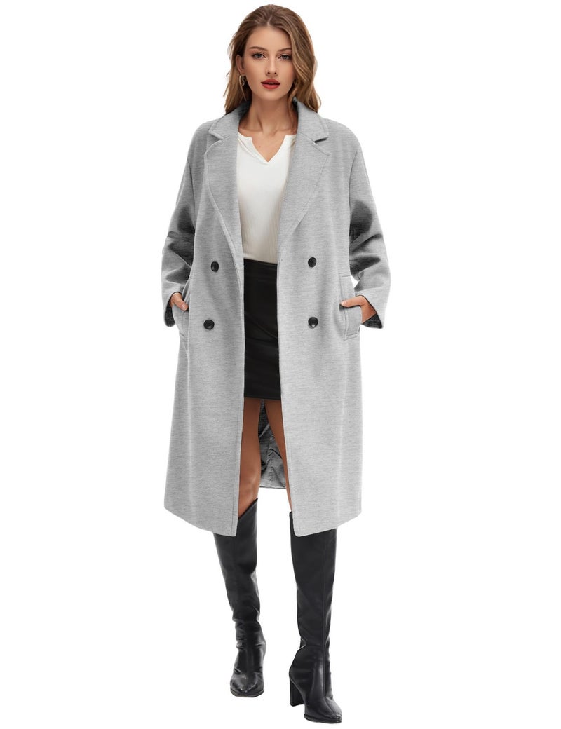 Flygo Womens Long Pea Coat Notch Lapel Double Breasted Trench Coat Fall Winter Overcoat Long Jacket(LightGrey-L) - Image 2