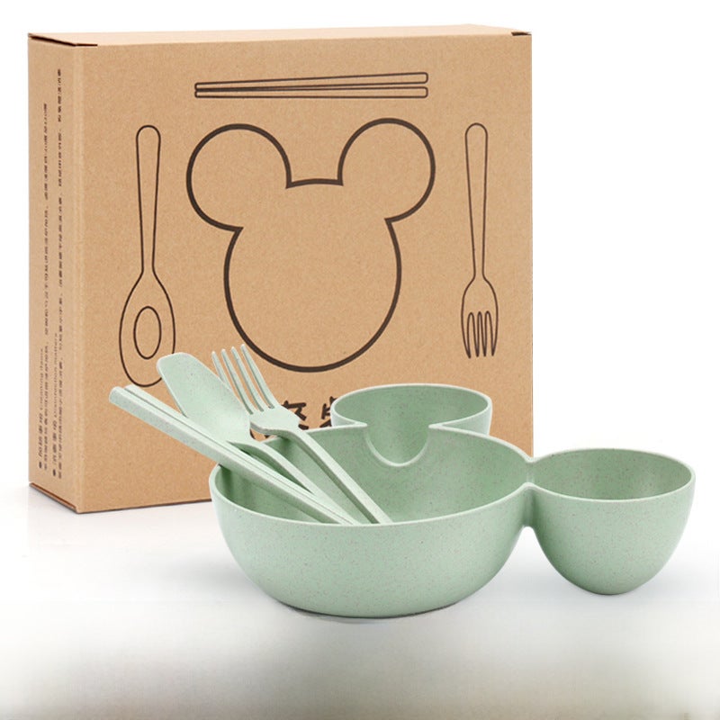 Kids Wheat Straw Dinnerware Set Cartoon Bowl Gift Plate Four new big ears/Nordic Green