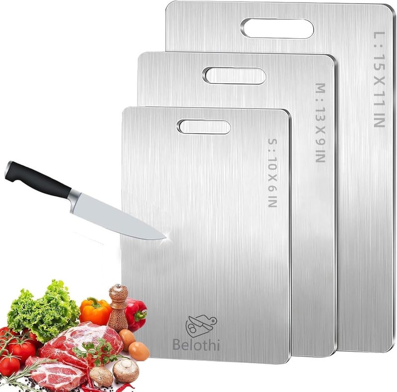 Belothi 304 Stainless Steel Cutting Board, non toxic cutting boards for kitchen, Dishwasher Safe and Hygienic Heavy Duty Chopping Board for Meat Vegetable Fruit(15"x 11",13"x 9",10"x 6") - Image 1