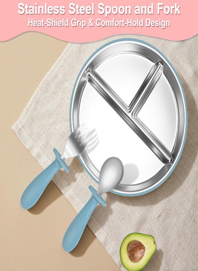 طقم تغذية الأطفال من بيلا فريندز، عبوة من قطعتين: طبق مقسم من الفولاذ المقاوم للصدأ مع قاعدة شفط سيليكون، طقم من ملعقتين وشوكتين، خالٍ من مادة BPA، آمن للغسل في غسالة الصحون، مستلزمات فطام الأطفال، أدوات طعام للأطفال الصغار، رمادي أزرق - Image 4