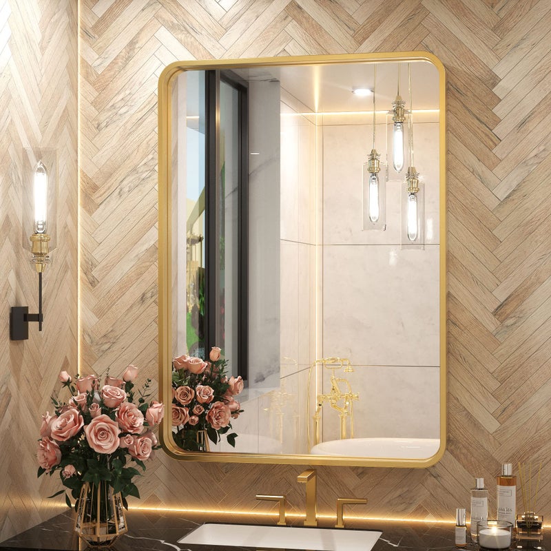 TETOTE Brushed Gold Bathroom Mirror 24 x 32 Inch Metal Framed Mirror Brushed Brass Rectangle Wall Mounted Golden Vanity Mirror HorizontalVertical