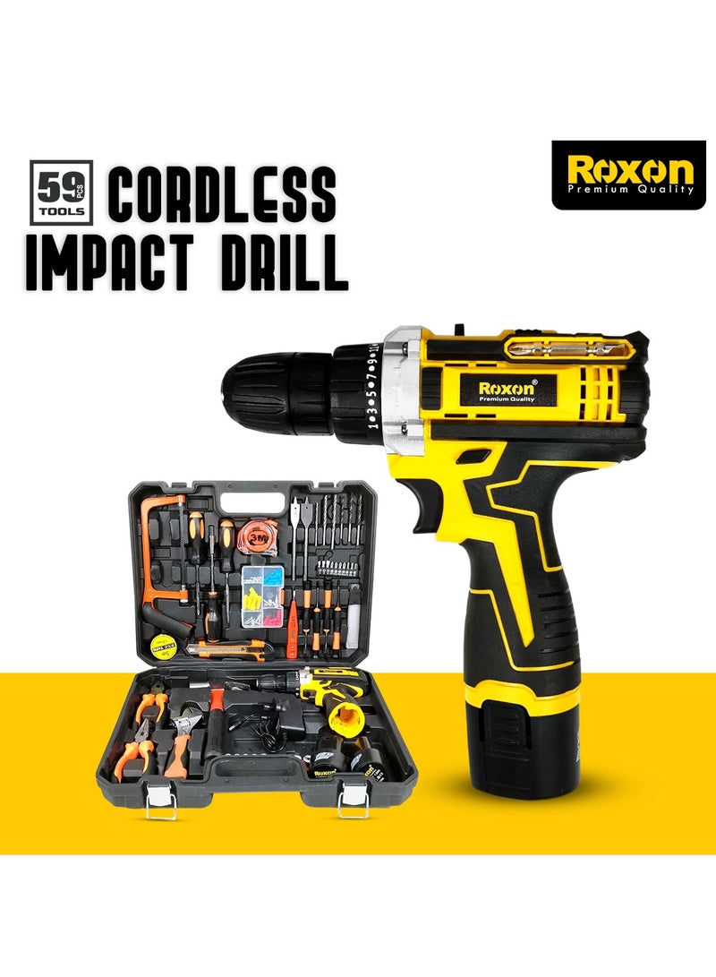 روكسون مجموعة أدوات روكسون عالية الجودة مكونة من 59 قطعة بطارية ليثيوم أيون 12 فولت، 1300 مللي أمبير في الساعة، 220-240 فولت 50-60 هرتز مع صندوق أدوات 59 قطعة - RX12VCD - Image 1
