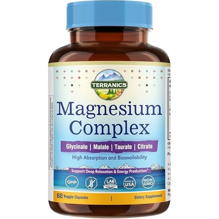 Terranics Magnesium Complex 500mg, Glycinate, Malate, Taurate, Citrate, Chelated Purified Easily Absorbed Magnesium Supplement for Sleep, Heart, Energy, Digestion Support, 60 Capsules - Image 1