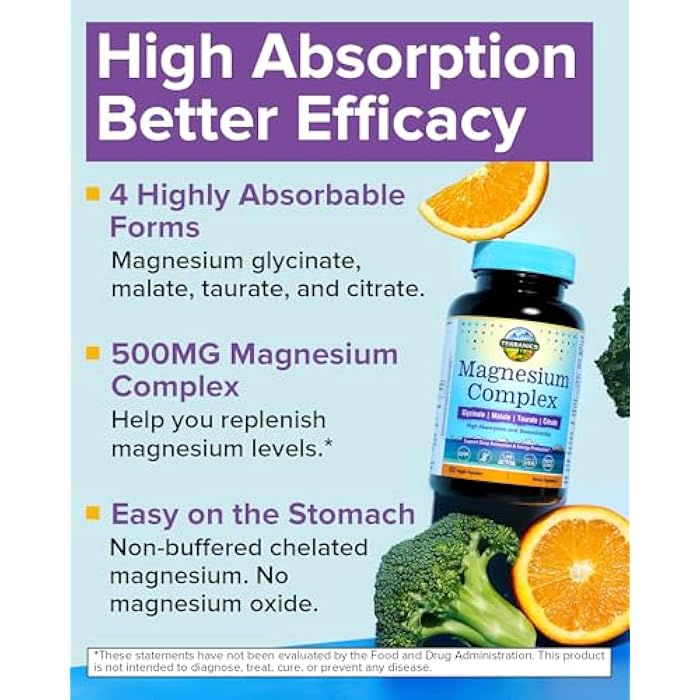 Terranics Magnesium Complex 500mg, Glycinate, Malate, Taurate, Citrate, Chelated Purified Easily Absorbed Magnesium Supplement for Sleep, Heart, Energy, Digestion Support, 60 Capsules - Image 3