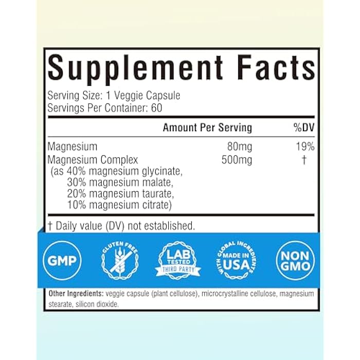 Terranics Magnesium Complex 500mg, Glycinate, Malate, Taurate, Citrate, Chelated Purified Easily Absorbed Magnesium Supplement for Sleep, Heart, Energy, Digestion Support, 60 Capsules - Image 2