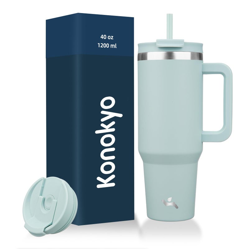 Konokyo 40 oz Tumbler with Handle and 2 Straws,2 in 1 Lid Insulated Water Bottle Stainless Steel Travel Coffee Mug,Blue Haze - Image 1