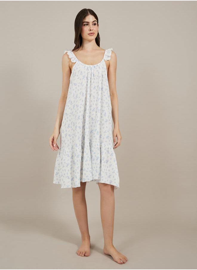 Styli Floral Print Ruffled Trim Cotton Slip Dress  - Image 1