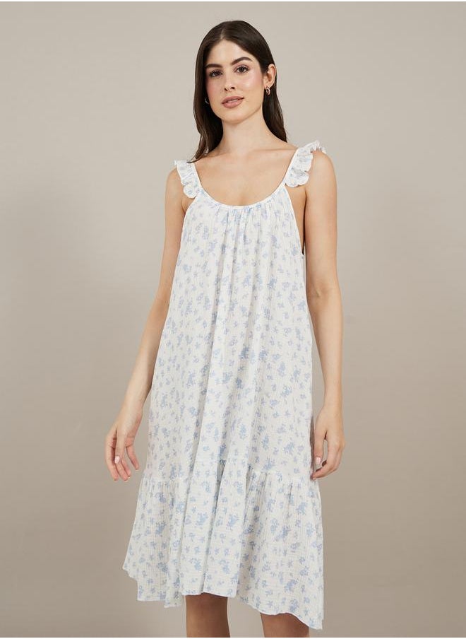 Styli Floral Print Ruffled Trim Cotton Slip Dress  - Image 2