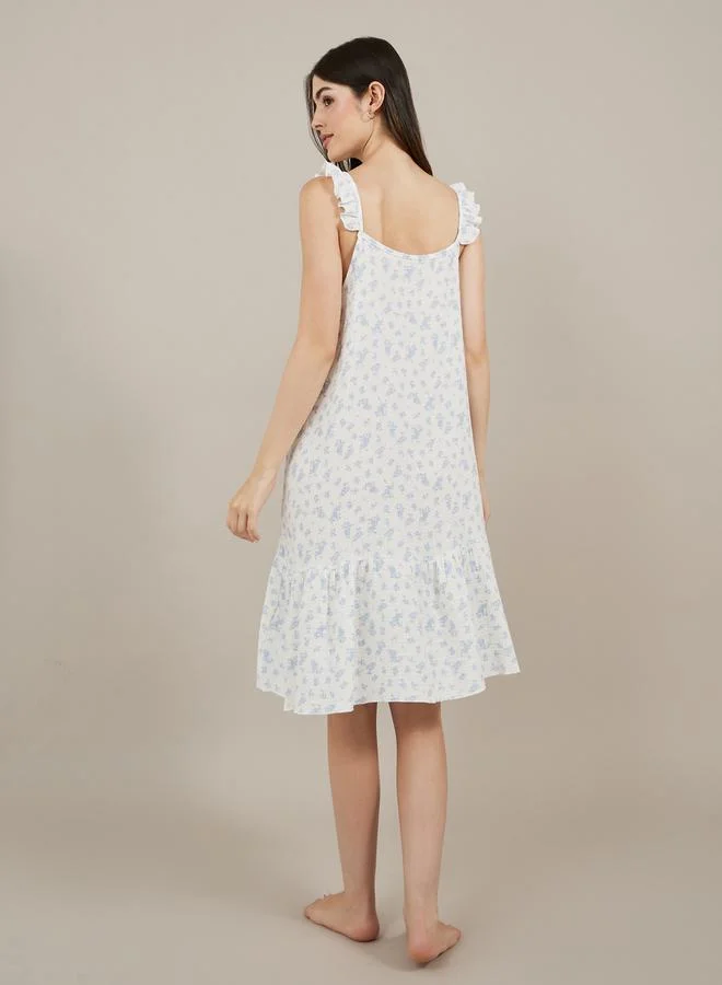 Styli Floral Print Ruffled Trim Cotton Slip Dress