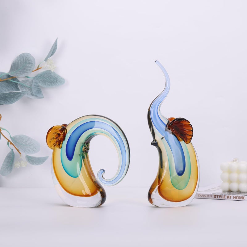 suruim Hand Blown Murano Glass Elephant Statues Set - Luxury Sculptures Home Decor for Living Room & Office Art Glass Ornament Animal Collectible (Blue) - Image 3