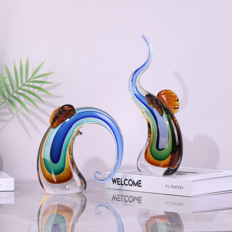 suruim Hand Blown Murano Glass Elephant Statues Set - Luxury Sculptures Home Decor for Living Room & Office Art Glass Ornament Animal Collectible (Blue) - Image 4