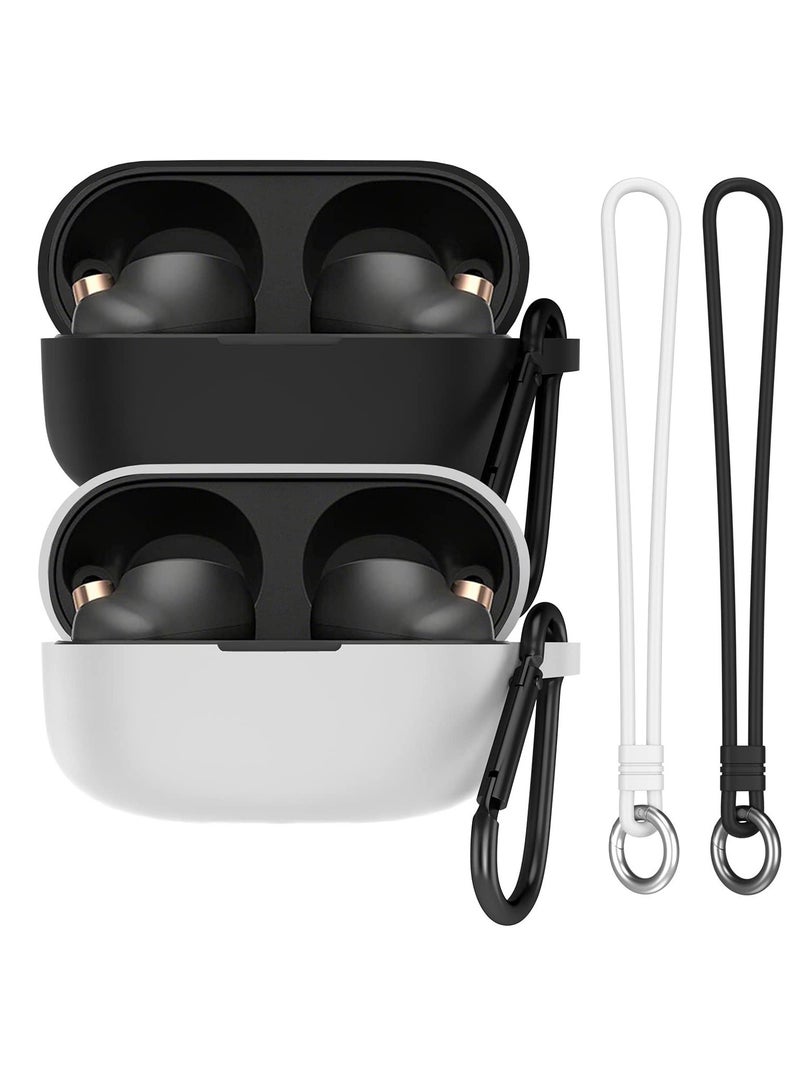 Headphone Cover for Sony WF-1000XM4 with Carabiner and Silicone Hand Strap All-Inclusive Protection Shockproof Anti-Slip Anti-Fingerprint 2-Pack (Black+White) - Image 1