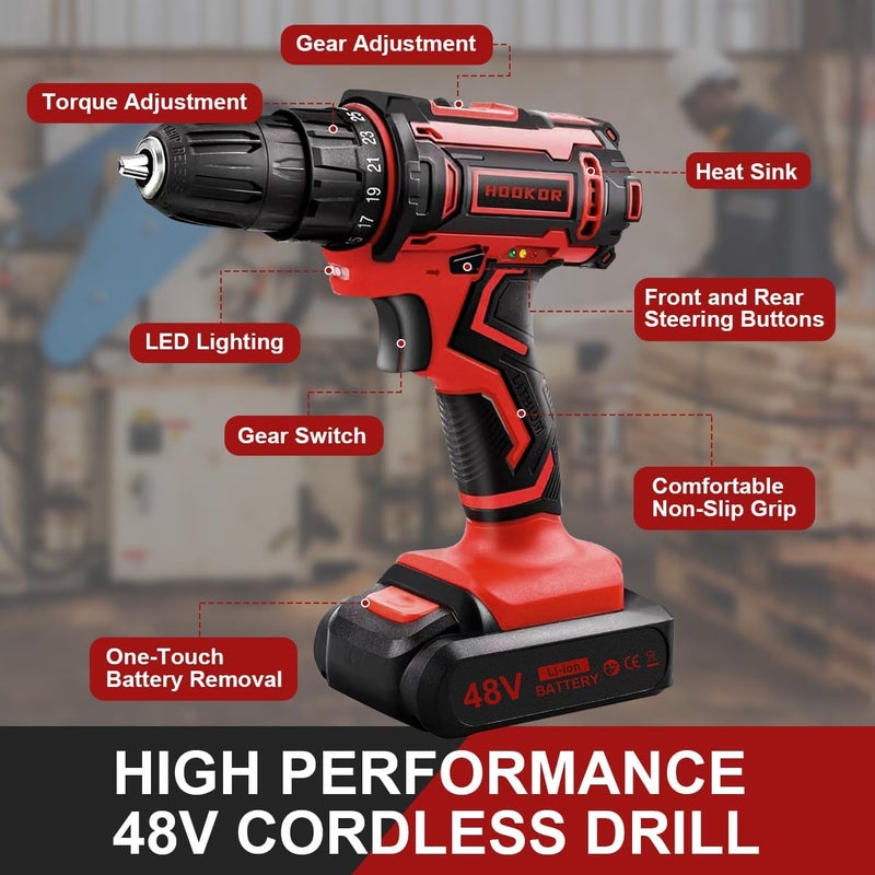 هوكور مثقاب لاسلكي 48 فولت، سرعتان متغيرتان، ضوء ليد، طقم مثقاب كهربائي مع بطاريتين ليثيوم أيون وشاحن، مثقاب كهربائي بسرعات متغيرة للاستخدام المنزلي والإصلاح، طقم ملحقات المثقاب/السائق - Image 2
