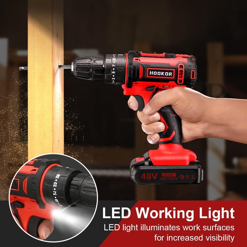 هوكور مثقاب لاسلكي 48 فولت، سرعتان متغيرتان، ضوء ليد، طقم مثقاب كهربائي مع بطاريتين ليثيوم أيون وشاحن، مثقاب كهربائي بسرعات متغيرة للاستخدام المنزلي والإصلاح، طقم ملحقات المثقاب/السائق - Image 4
