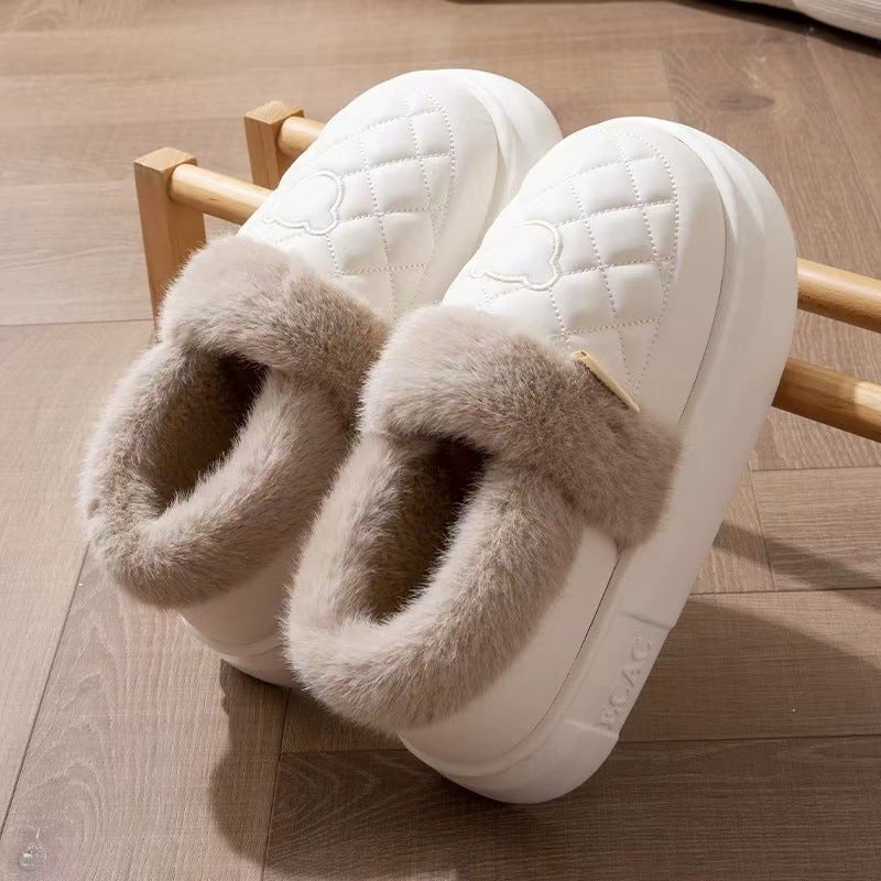 Cross-border plush thick-soled cotton slippers women winter new arrival fleece-lined warm slippers bag with high waterproof cotton shoes for men White [upgraded all-inclusive heel]
