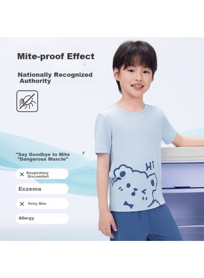 Threegun Children'S Anti-Mite Antibacterial Wooddale Boys And Girls Moisture-Wicking Home Wear Short-Sleeved Shorts Sky Blue 110