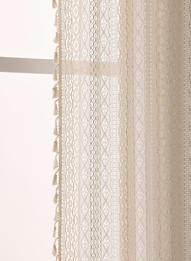 WAZZIO Cream Vintage Victorian Curtains Boho Curtains for Bedroom 2 Panels,Farmhouse Bohemian Decor Crochet Lace Sheer Privacy Let Light in Tassel Rod Pocket Long Window Drapes 59x 96 inches,Beige - Image 5