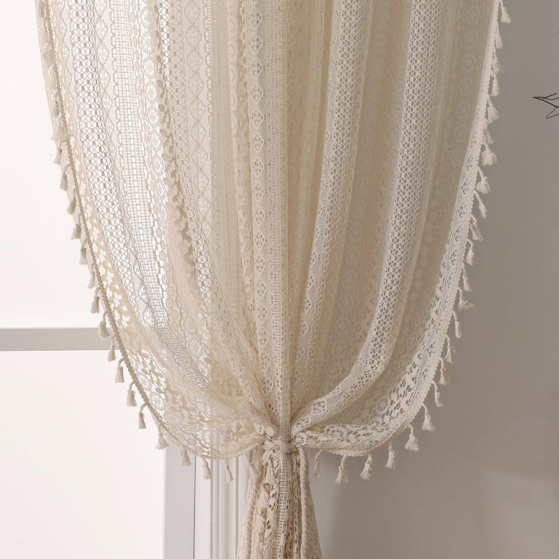 WAZZIO Cream Vintage Victorian Curtains Boho Curtains for Bedroom 2 Panels,Farmhouse Bohemian Decor Crochet Lace Sheer Privacy Let Light in Tassel Rod Pocket Long Window Drapes 59x 96 inches,Beige - Image 1