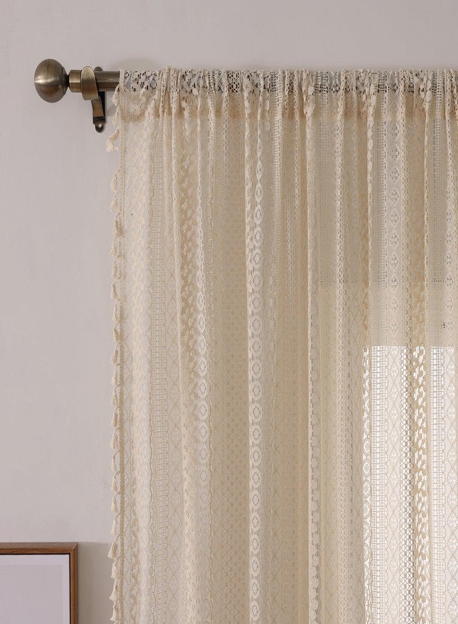 WAZZIO Cream Vintage Victorian Curtains Boho Curtains for Bedroom 2 Panels,Farmhouse Bohemian Decor Crochet Lace Sheer Privacy Let Light in Tassel Rod Pocket Long Window Drapes 59x 96 inches,Beige - Image 4