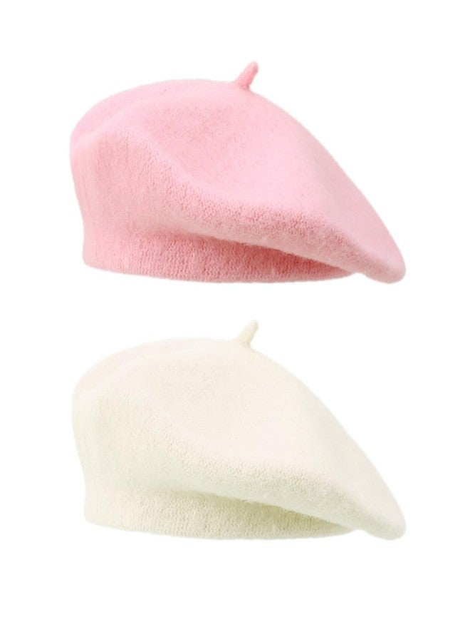 ZARSIO 2 Pieces Beret Hat Women French Wool Beret Solid Color Beret Cap (US, Alpha, Medium, Pink+White) - Image 1