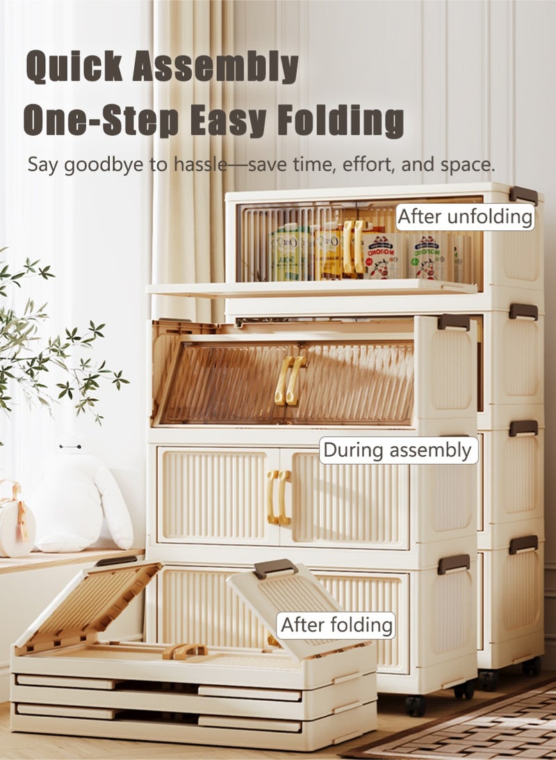 CozyNest 4-Tier Foldable Plastic Storage Cabinet, 50cm with Handle, Double Doors & Wheels, Stackable Organizer Box, Foldable Storage Cabinet for Clothes, Toys, Office Supplies - Image 3