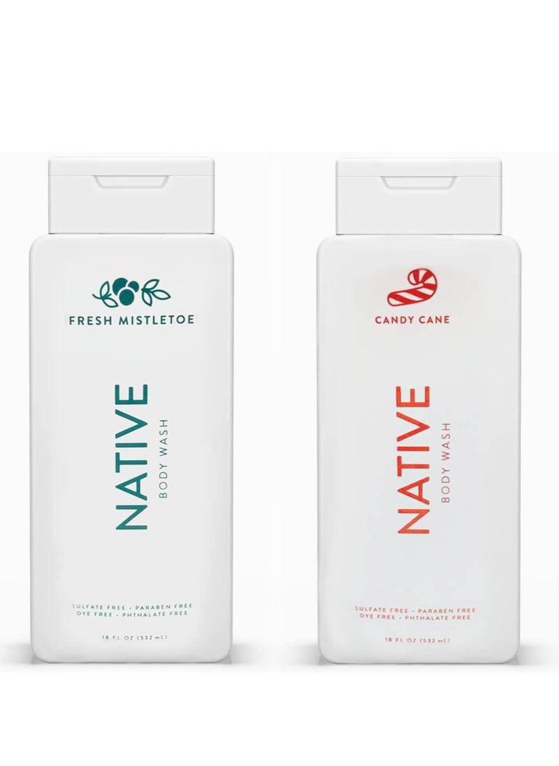 native Native Special Edition Winter Body Wash |for Women & Men | Sulfate Free, Paraben Free, Dye Free, with Naturally Derived Clean Ingredients, 18 oz each (2 Pack) (Fresh Mistletoe & Candy Cane) 