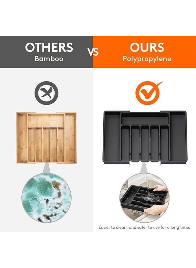 كيلا منظم أدراج أدوات المائدة، صينية أدوات مائدة كبيرة قابلة للتوسيع حتى 57 سم للمطبخ، حامل أدوات مائدة وأدوات مائدة قابل للتعديل، تخزين بلاستيكي مدمج للملاعق والشوك والسكاكين، أسود - Image 2