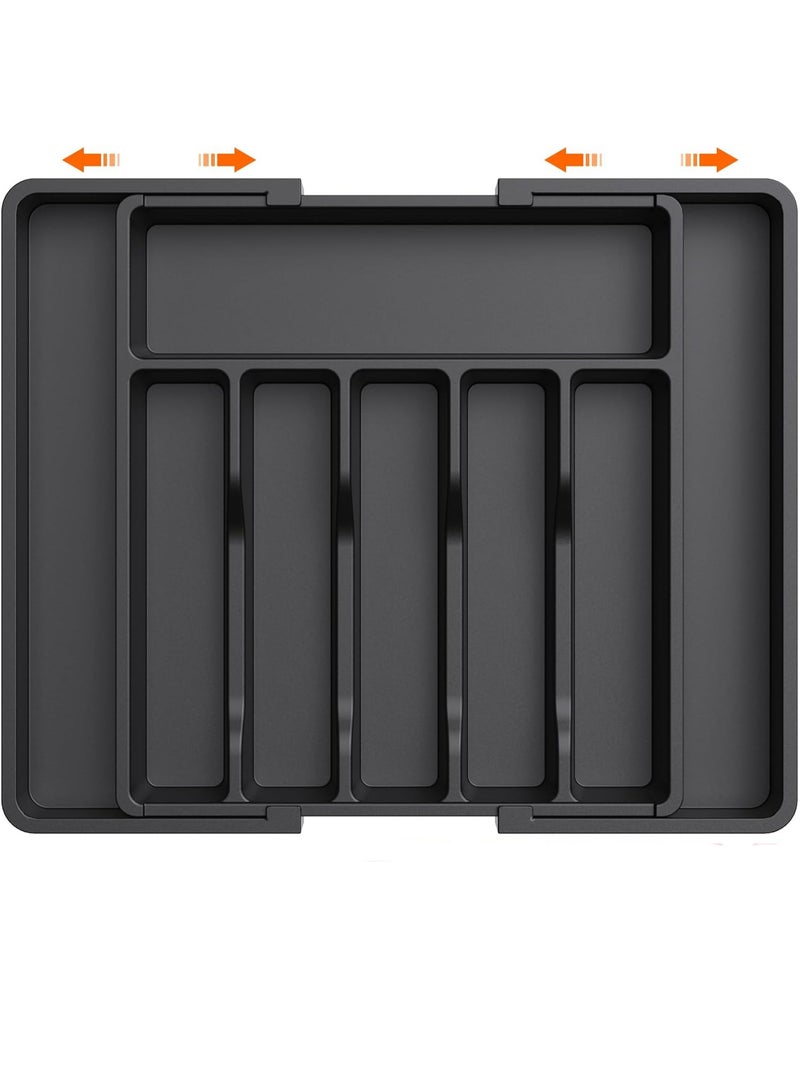 كيلا منظم أدراج أدوات المائدة، صينية أدوات مائدة كبيرة قابلة للتوسيع حتى 57 سم للمطبخ، حامل أدوات مائدة وأدوات مائدة قابل للتعديل، تخزين بلاستيكي مدمج للملاعق والشوك والسكاكين، أسود - Image 1