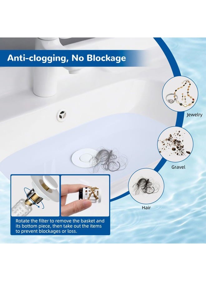 Hibbent Upgraded 3 in 1 Bathroom Sink Drain Strainer, Universal Pop Up Stopper with Removable Stainless Steel Filter Basket Hair Catcher, Sink Plug for 1.1''~2.36'' Basin, Brass Bullet Core, White - Image 4
