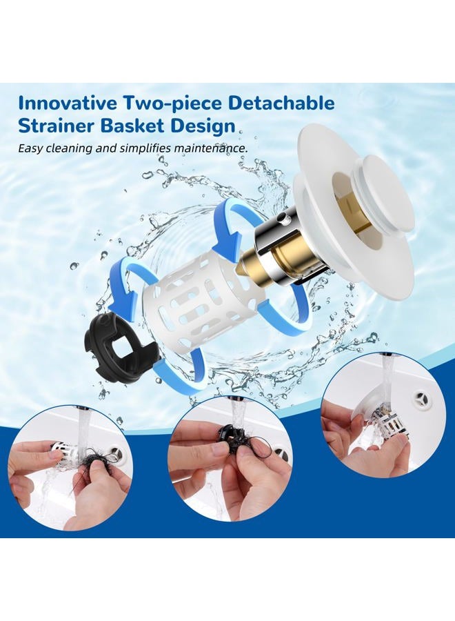 Hibbent Upgraded 3 in 1 Bathroom Sink Drain Strainer, Universal Pop Up Stopper with Removable Stainless Steel Filter Basket Hair Catcher, Sink Plug for 1.1''~2.36'' Basin, Brass Bullet Core, White - Image 2