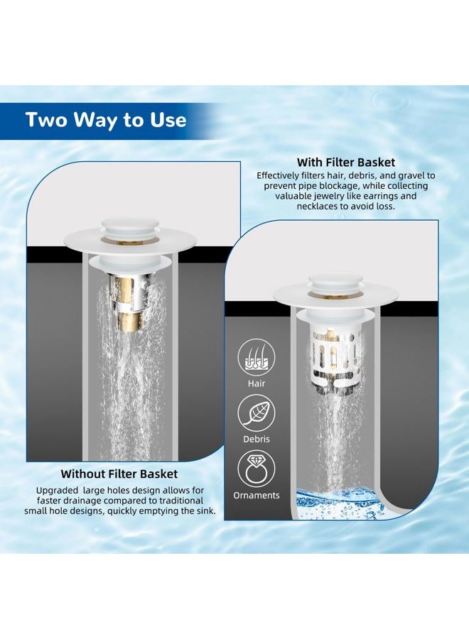 Hibbent Upgraded 3 in 1 Bathroom Sink Drain Strainer, Universal Pop Up Stopper with Removable Stainless Steel Filter Basket Hair Catcher, Sink Plug for 1.1''~2.36'' Basin, Brass Bullet Core, White - Image 3