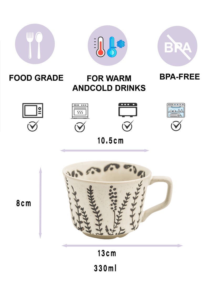 مجموعة فناجين قهوة سيراميك منقوشة بنباتات كلاسيكية 4 قطع 330 مل لكل فنجان - آمنة للميكروويف والغسالة الأوتوماتيكية والمعقم والفرن - فناجين شاي مزينة بالزهور أدوات مائدة للمشروبات اليومية في المنزل والمطبخ والمكتب - Image 2