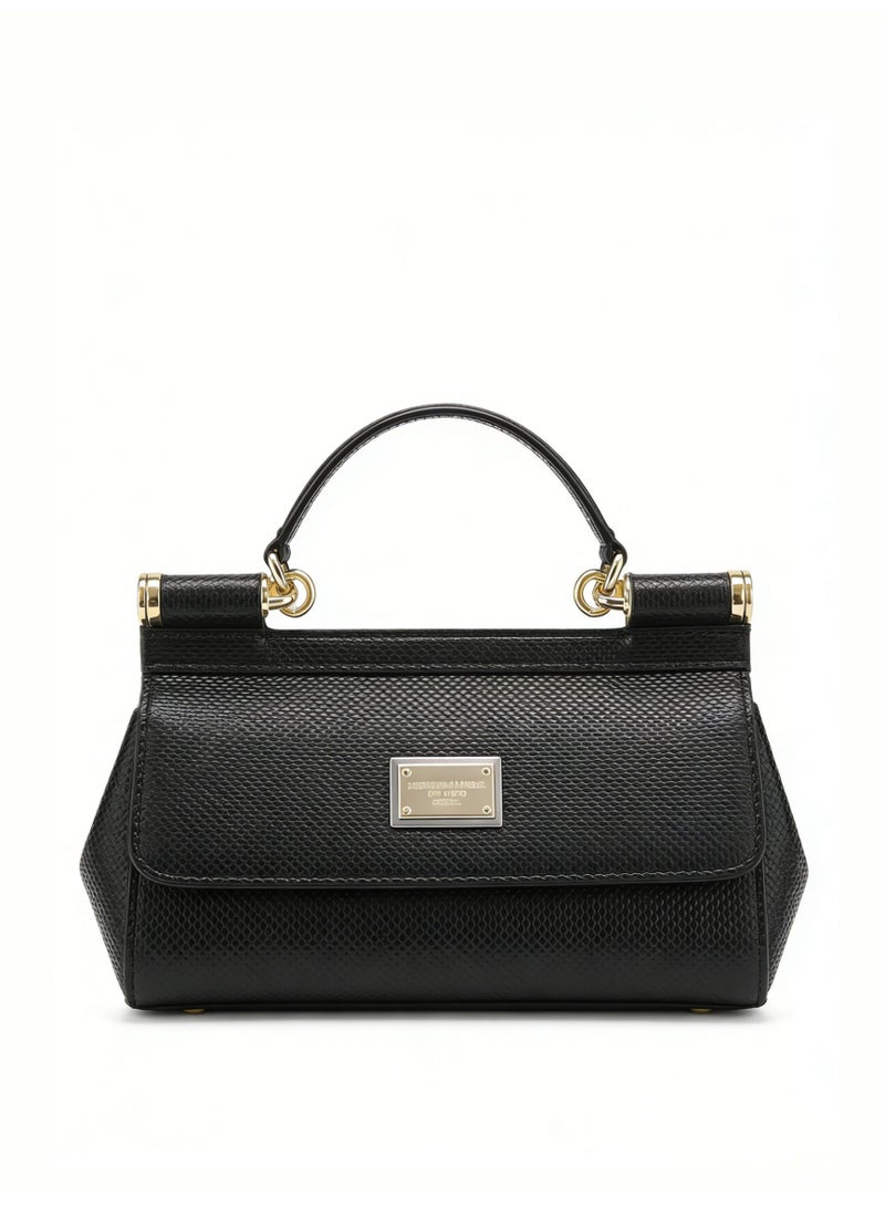 D&G DG bag black Dauphine leather mini-bag-gold metal hardware, signature board, top handle and convertible belt, luxury structure handbag for daily and formal occasions. - Image 1
