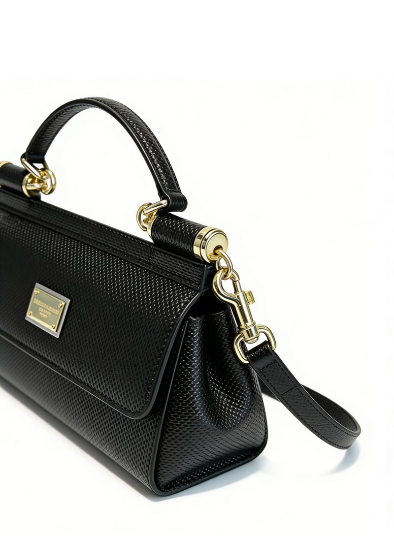 D&G DG bag black Dauphine leather mini-bag-gold metal hardware, signature board, top handle and convertible belt, luxury structure handbag for daily and formal occasions. - Image 4