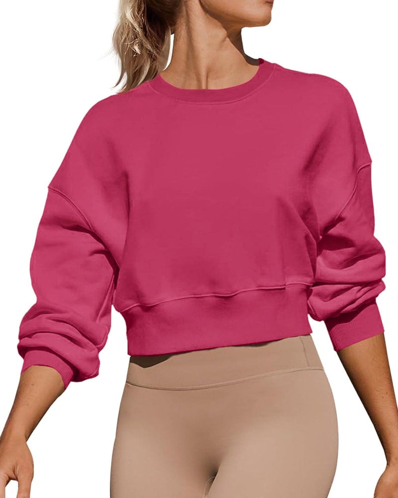 Joywayco Women's Long Sleeve Round Neck Cropped Sweatshirts Comfy Fleece Casual Pullover Tops (Hot Pink,Medium,Female,Adult,US,Alpha,Medium,Regular,Regular) - Image 1