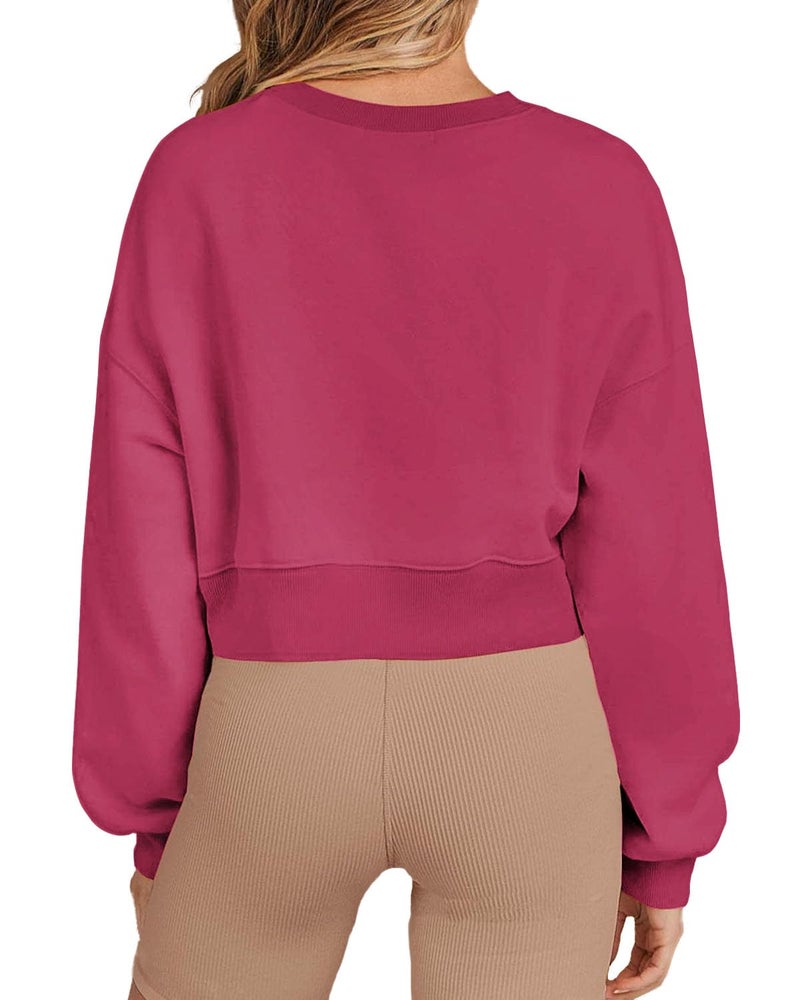 Joywayco Women's Long Sleeve Round Neck Cropped Sweatshirts Comfy Fleece Casual Pullover Tops (Hot Pink,Medium,Female,Adult,US,Alpha,Medium,Regular,Regular) - Image 3