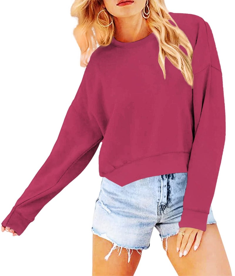 Joywayco Women's Long Sleeve Round Neck Cropped Sweatshirts Comfy Fleece Casual Pullover Tops (Hot Pink,Medium,Female,Adult,US,Alpha,Medium,Regular,Regular) - Image 2
