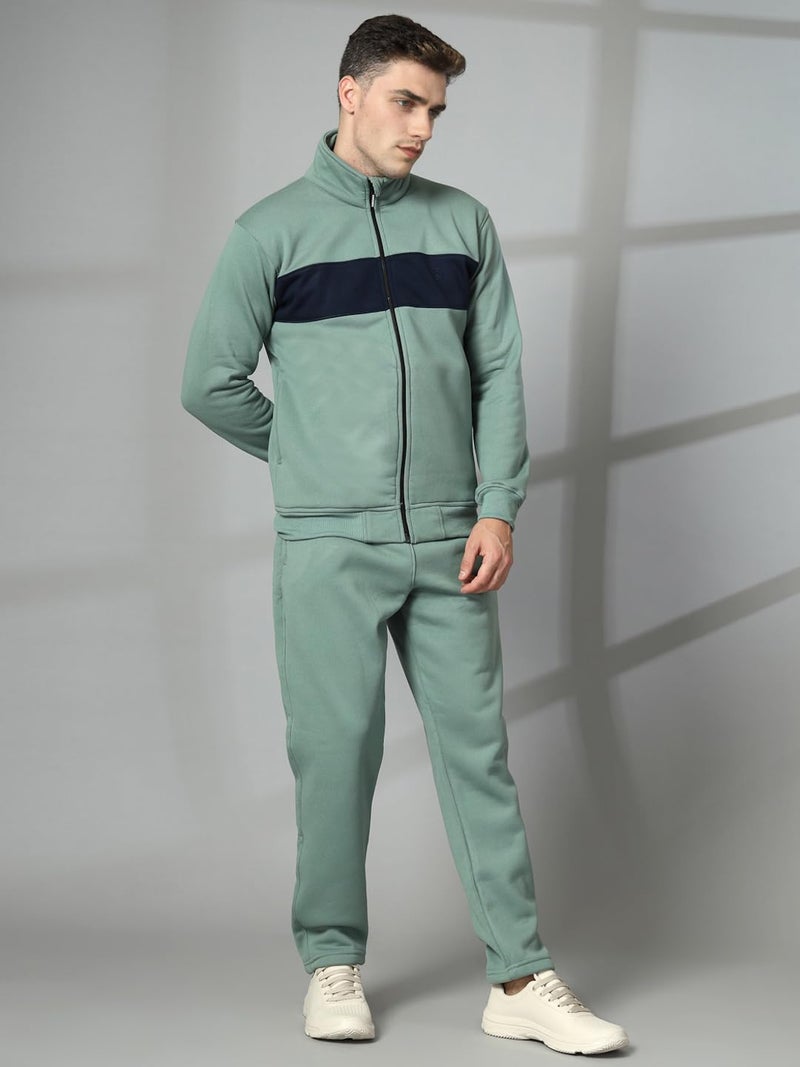 CHKOKKO Mens High Neck Winter Tracksuit Full Zip Jacket with Elastic Waist Lower Warm and Soft Activewear Set for Gym Running and Casual Use PastelGreenNavy 3XL - Image 5