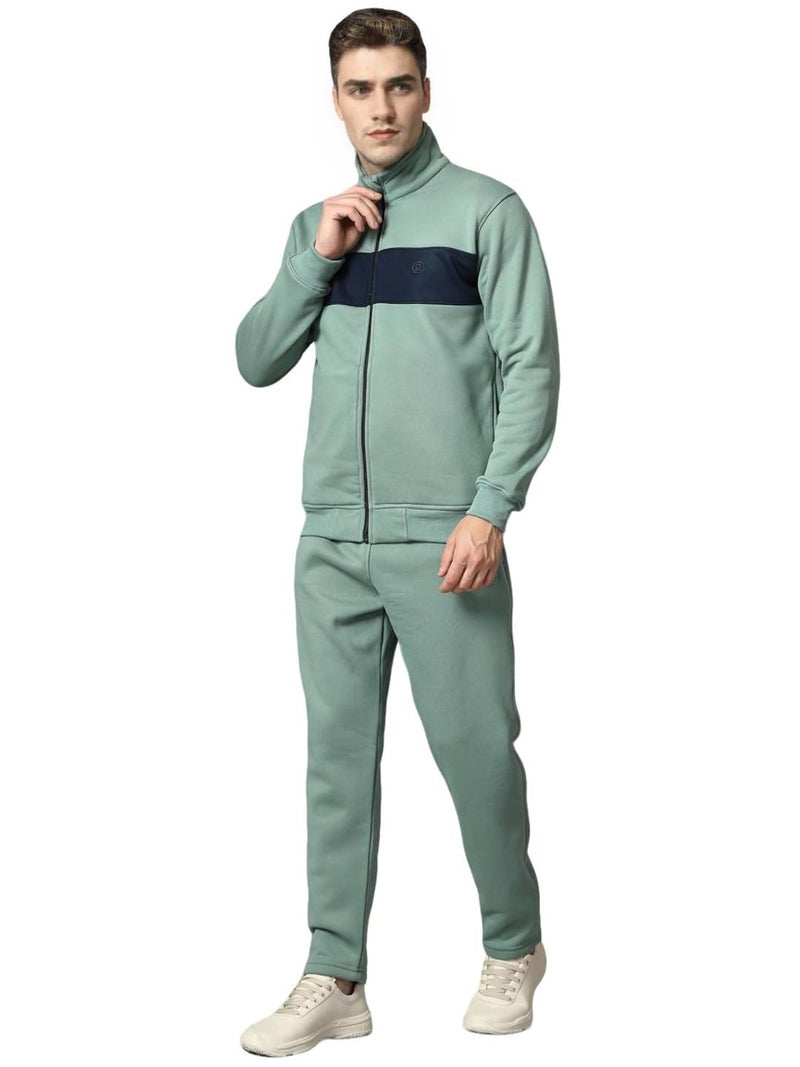 CHKOKKO Mens High Neck Winter Tracksuit Full Zip Jacket with Elastic Waist Lower Warm and Soft Activewear Set for Gym Running and Casual Use PastelGreenNavy 3XL - Image 1