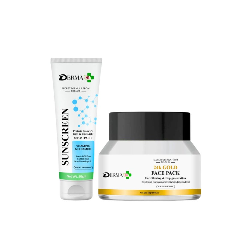 DERMAKR DERMA KR SPF 45 Sunscreen with Ceramide Vitamin C 24k Gold Face Pack Skincare Combo Kit Pack of 2 100g - Image 1