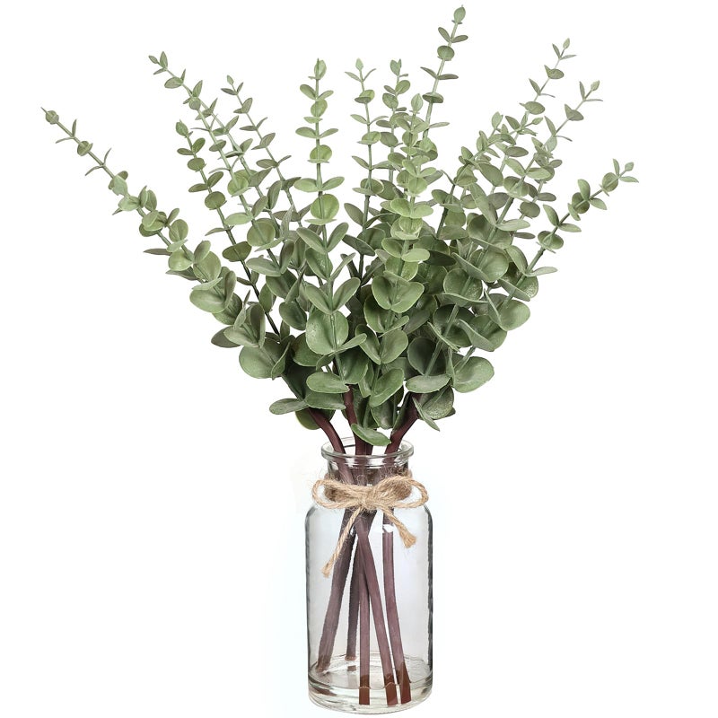 VIERENA 175 Artificial Eucalyptus Stems in Glass Vase with Faux WaterFake Plant Eucalyptus Leaves White Seeds for Centerpiece Table Decorations Farmhouse Wedding Home Greenery Decor Sage Green