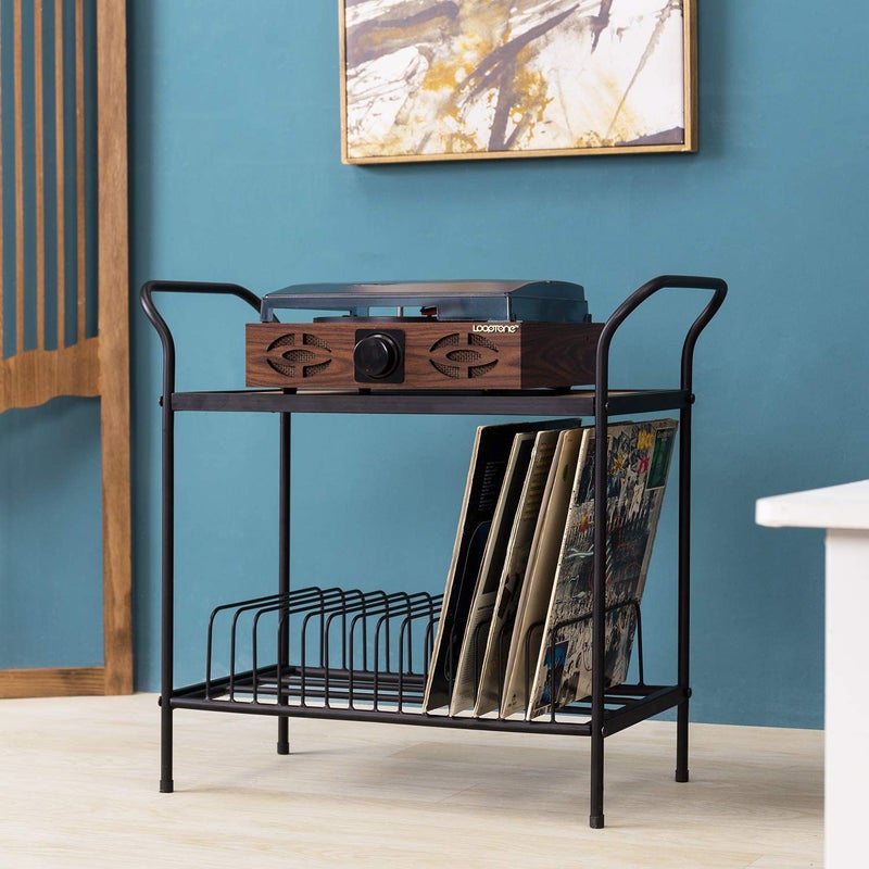 Indian Decor 25007 Classic 2 Tier Black Metal Record Player Turntable Stand with Vinyl Storage Vintage Brown Wood Top Display Shelf and 14 Slots for Record Album Sleeve Holder - Image 4