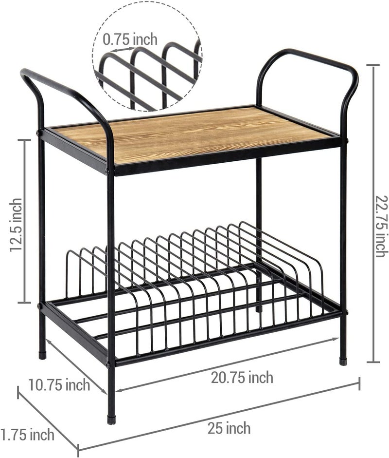 Indian Decor 25007 Classic 2 Tier Black Metal Record Player Turntable Stand with Vinyl Storage Vintage Brown Wood Top Display Shelf and 14 Slots for Record Album Sleeve Holder - Image 5