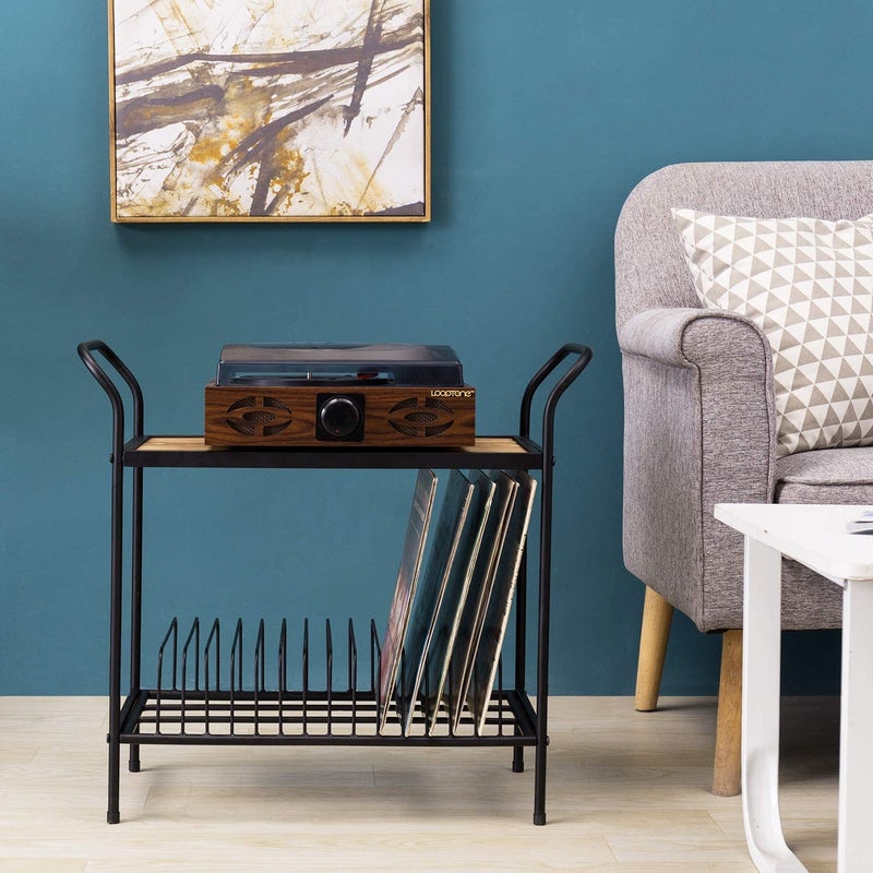 Indian Decor 25007 Classic 2 Tier Black Metal Record Player Turntable Stand with Vinyl Storage Vintage Brown Wood Top Display Shelf and 14 Slots for Record Album Sleeve Holder - Image 3