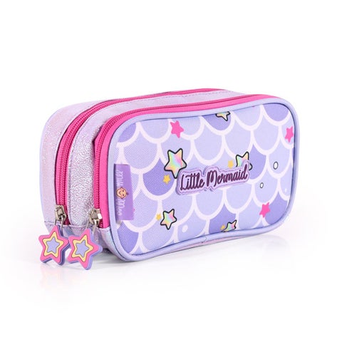 Girls Pen Pencil Case for School, School Pouch Bag, Name Tags, Double Compartment with Zipper, Durable & Lightweight, Little Mermaid Design, Stationary Organiser Bag