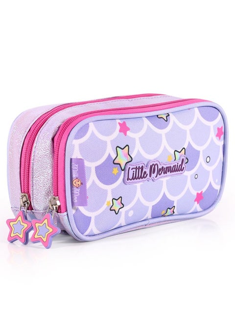 Girls Pen Pencil Case for School, School Pouch Bag, Name Tags, Double Compartment with Zipper, Durable & Lightweight, Little Mermaid Design, Stationary Organiser Bag